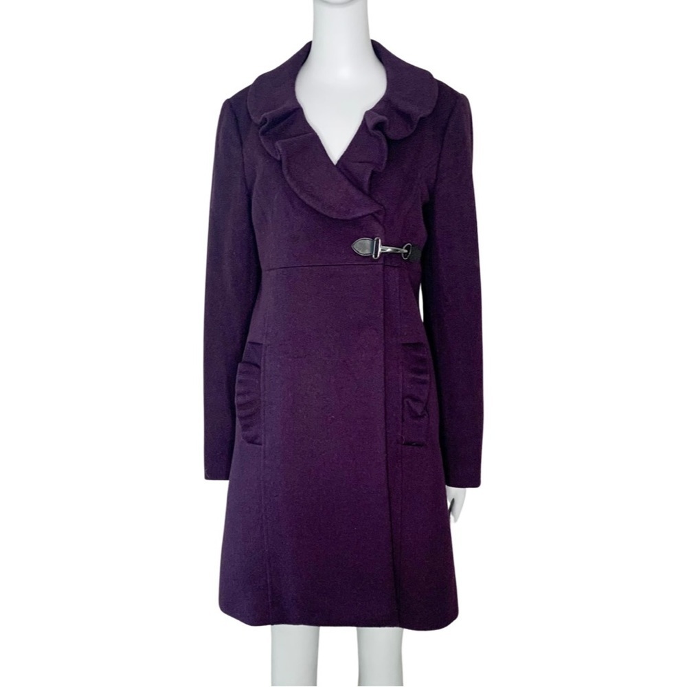 TIBI Wool Eggplant Plum Coat With Ruffle Detail and Toggle Closure Size 6 - Picture 16 of 16